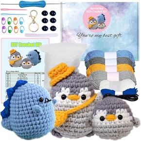 Sanviatime Crochet Kit for Beginners - Dinosaur and 2Pcs Penguins Animal Knitting Sets, Learn to Crochet Kits for Adults and Kids, Crochet Starter Kit with Step-by-Step Video Tutorials in Kuwait