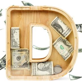 WOOD CITY Letter Piggy Bank للبالغين من الأولاد والبنات والأطفال، صندوق أموال خشبي كبير بحجم 9 بوصات وعملات معدنية شخصية، اسم مخصص DIY هدية إبداعية للنقود الحقيقية، وزخارف الأبجدية (C) in Kuwait