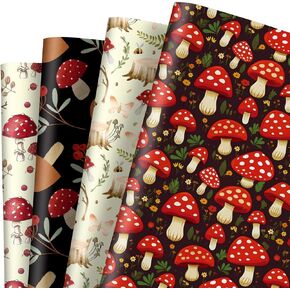 JarThenaAMCS Mushroom Wrapping Paper Forest Gift Wrap Paper Bulk Folded Flat Vintage DIY Craft Paper for Birthday Baby Shower Party Gift Packing Decor, 19.7 x 27.6 Inch, 8 Sheet in Kuwait