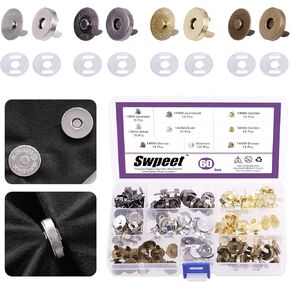Swpeet 80 Sets Magnetic Button Clasps Snaps, 14/18MM Metal Fastener Clasps Gold Silver Bronze Black DIY Craft Sewing Knitting Buttons Sets for Sewing, Purses, Bags, Clothes, Leather,Silver Color