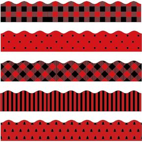 BeYumi 80Pcs Red and Black Plaid Bulletin Board Borders Buffalo Plaid Stripes Polka Dots Scalloped Border Trim Chalkboard Blackboard Decoration for School Classroom Wedding Party Supplies