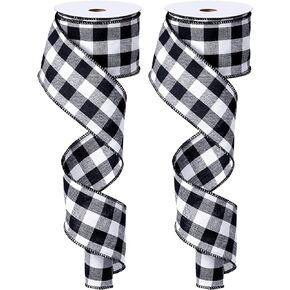 Gingham Ribbon Wired Edge Plaid Ribbon Buffalo Checked Ribbon Cambridge Wired Plaid Ribbon for Christmas DIY Craft Festival Party Supply, 11 Yard a Roll(Black and White, 2.5 Inch)