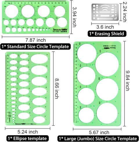 قوالب استنسل رسومات دائرية وبيضاوية من كيوفيلي، 4 عبوات من قوالب رسومات دوائر بلاستيكية هندسية مع درع محو وقوالب دوائر رسم استنسل قوالب قياس هندسية in Kuwait