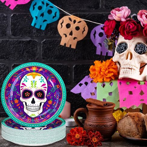 أطباق حفلات يوم الموتى من DYLIVeS، لوازم حفلات Dia de Los Muertos، أطباق ورقية للاستعمال مرة واحدة على شكل جمجمة السكر لتزيين حفلات الهالوين المكسيكية، 50 قطعة in Kuwait
