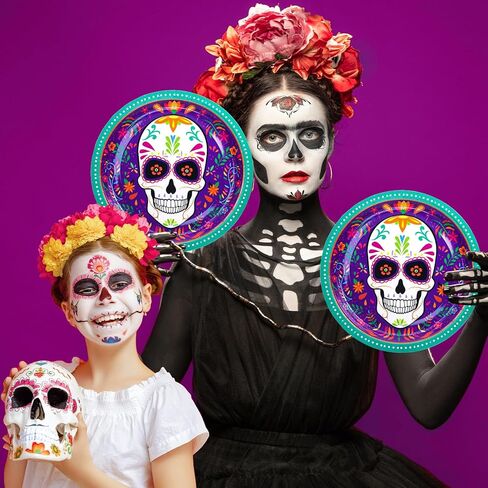 أطباق حفلات يوم الموتى من DYLIVeS، لوازم حفلات Dia de Los Muertos، أطباق ورقية للاستعمال مرة واحدة على شكل جمجمة السكر لتزيين حفلات الهالوين المكسيكية، 50 قطعة in Kuwait