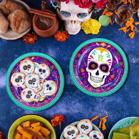 أطباق حفلات يوم الموتى من DYLIVeS، لوازم حفلات Dia de Los Muertos، أطباق ورقية للاستعمال مرة واحدة على شكل جمجمة السكر لتزيين حفلات الهالوين المكسيكية، 50 قطعة in Kuwait