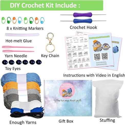 Sanviatime Crochet Kit for Beginners - Dinosaur and 2Pcs Penguins Animal Knitting Sets, Learn to Crochet Kits for Adults and Kids, Crochet Starter Kit with Step-by-Step Video Tutorials in Kuwait