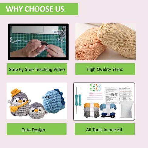 Sanviatime Crochet Kit for Beginners - Dinosaur and 2Pcs Penguins Animal Knitting Sets, Learn to Crochet Kits for Adults and Kids, Crochet Starter Kit with Step-by-Step Video Tutorials in Kuwait