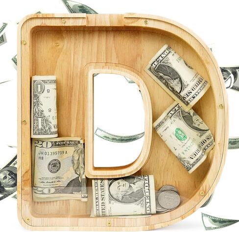 WOOD CITY Letter Piggy Bank للبالغين من الأولاد والبنات والأطفال، صندوق أموال خشبي كبير بحجم 9 بوصات وعملات معدنية شخصية، اسم مخصص DIY هدية إبداعية للنقود الحقيقية، وزخارف الأبجدية (C) in Kuwait