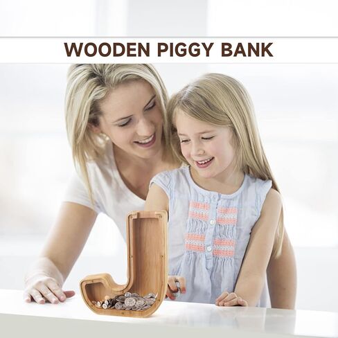 WOOD CITY Letter Piggy Bank للبالغين من الأولاد والبنات والأطفال، صندوق أموال خشبي كبير بحجم 9 بوصات وعملات معدنية شخصية، اسم مخصص DIY هدية إبداعية للنقود الحقيقية، وزخارف الأبجدية (C) in Kuwait