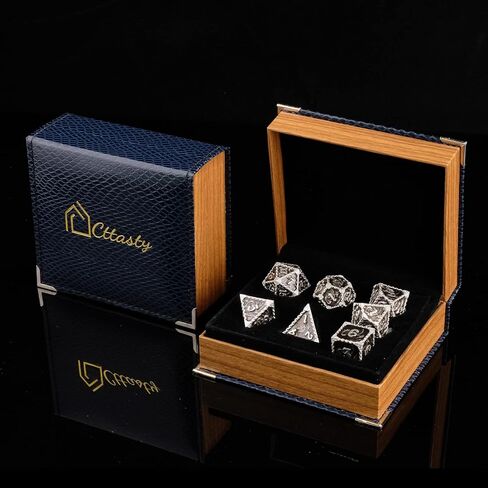 DND Dice Set Hollow Metal Dice Set Handmade 7pcs Polyhedral Dice Set DND RPG MTG Role Playing Game Dice Set D&D Dice with Gift Case for DND Dungeons and Dragon (Blue Gold) in Kuwait