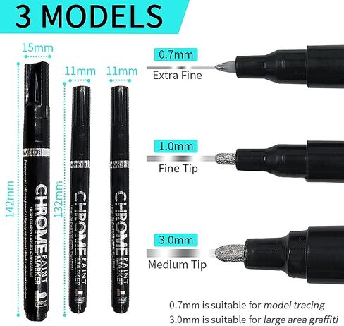 مجموعة اقلام ماركر عاكسة بلون فضي من 3 قطع، قلم تحديد للطلاء الزيتي اللامع للالوان المائية، مجموعة اقلام تحديد من الكروم السائل على اي سطح in Kuwait