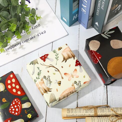 JarThenaAMCS Mushroom Wrapping Paper Forest Gift Wrap Paper Bulk Folded Flat Vintage DIY Craft Paper for Birthday Baby Shower Party Gift Packing Decor, 19.7 x 27.6 Inch, 8 Sheet in Kuwait