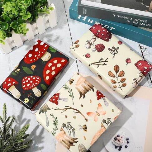JarThenaAMCS Mushroom Wrapping Paper Forest Gift Wrap Paper Bulk Folded Flat Vintage DIY Craft Paper for Birthday Baby Shower Party Gift Packing Decor, 19.7 x 27.6 Inch, 8 Sheet in Kuwait