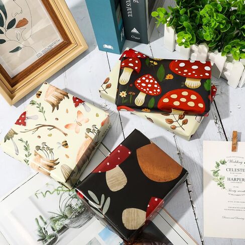 JarThenaAMCS Mushroom Wrapping Paper Forest Gift Wrap Paper Bulk Folded Flat Vintage DIY Craft Paper for Birthday Baby Shower Party Gift Packing Decor, 19.7 x 27.6 Inch, 8 Sheet in Kuwait