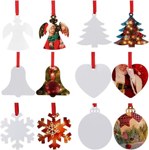Sempoda 48pcs زخرفة التسامي فارغة، زخرفة عيد الميلاد الفراغات مزدوجة الجوانب، التسامي غير المكتمل فارغة مع الحبال الحمراء، MDF نقل المعلقات معلقة فارغة لعيد الميلاد DIY الحرفية ديكور المنزل in Kuwait