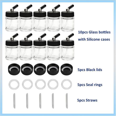 10pk 0.75oz Glass Airbrush Bottles, 30° Siphon with Silicone Caps in Kuwait