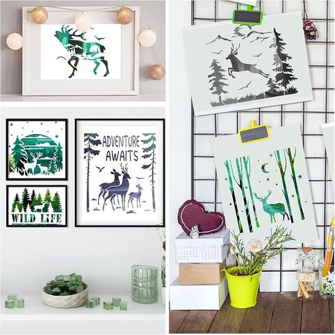 12 قطعة استنسلات جبل الغابة DIY حيوانات القمر شجرة استنسل الغابة الرسم البلاستيك نمط الغابة موضوع الرسم قالب الرسم لمشاريع الفن ديكور جدار أرضية، 10 × 10 بوصة in Kuwait