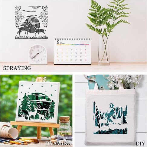 12 قطعة استنسلات جبل الغابة DIY حيوانات القمر شجرة استنسل الغابة الرسم البلاستيك نمط الغابة موضوع الرسم قالب الرسم لمشاريع الفن ديكور جدار أرضية، 10 × 10 بوصة in Kuwait
