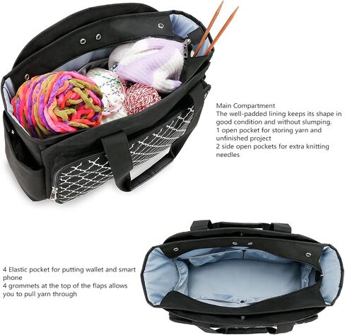 Knitting Bag Yarn Storage Tote - Yarn Storage Organizer, Crochet Organizer Bag with Crochet Hooks, Yarn Skiens, Knitting Needles and Accessories (Black) in Kuwait