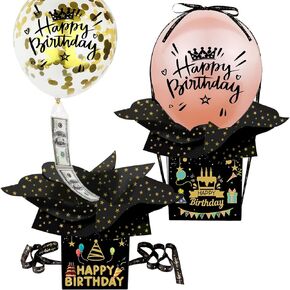 2 PCS Money Pull Box for Cash Gift, Funny Pull Money Balloon Box Happy Birthday Surprise Set with 15 happy birthday balloons，Unique Birthday Surprise Gift Box for Wife、Friend.(Gold)