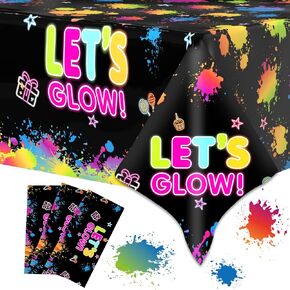 1 Pack Let's Glow Tablecloth- Neon Party Table Cover, Disposable Plastic Rectangle Glow in the Dark Table Cloth for Neon Black Light Glow Party Table Decorations and Party Supplies, 51 x 86 Inch