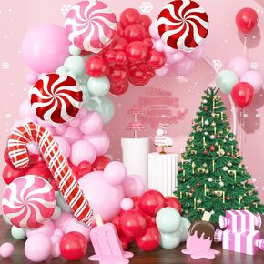 Merry Christmas Balloon Arch Kit, Pink Christmas Balloon Garland, 112pcs Christmas Decorations Pink Red Green Balloons with Windmill Cane Foil Balloons, Baby Pink Balloons for Xmas Party Supplies