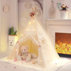 TreeBud Lace Teepee Tent for Girls Tipi Tent Ivory Canvas Classic Play Tent Play House Indoors for Kids Room Décor in Kuwait