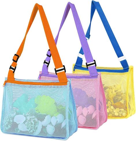 حقيبة شبكية لحمل صدفة الشاطئ، 3 عبوات من ألعاب رمل الشاطئ لحمل الأصداف، ألعاب الشاطئ وإكسسوارات السباحة للأولاد والبنات (وردي/أزرق/أصفر) in Kuwait