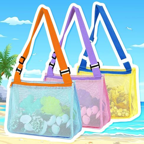 حقيبة شبكية لحمل صدفة الشاطئ، 3 عبوات من ألعاب رمل الشاطئ لحمل الأصداف، ألعاب الشاطئ وإكسسوارات السباحة للأولاد والبنات (وردي/أزرق/أصفر) in Kuwait