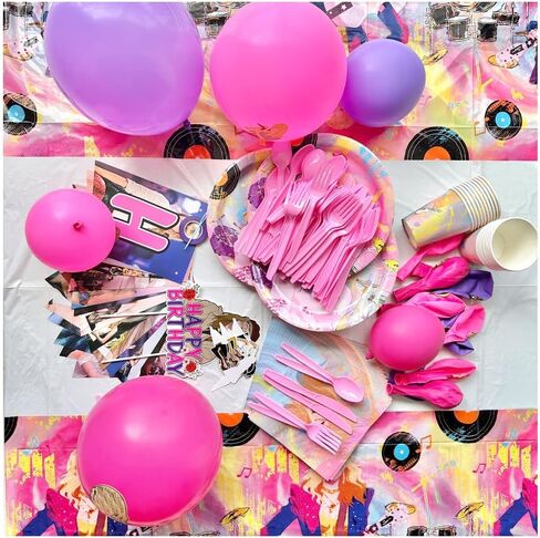 (153 PCS) Swift Singer Birthday Party Decorations Taylor Music Party Supplies Tableware Includes Banner, Balloons, Cupcake Toppers, Cake Topper, Plates ,Napkins, knives, Forks, Spoons, Tablecloth in Kuwait