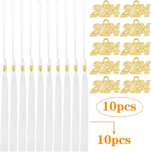 10pcs Graduation Tassels with 10pcs 2023 Year Date Charms Grad Graduation Cap Tassel Graduation Hat Decoration for 2023 Graduation Gifts Party Activities, White and Golden in Kuwait