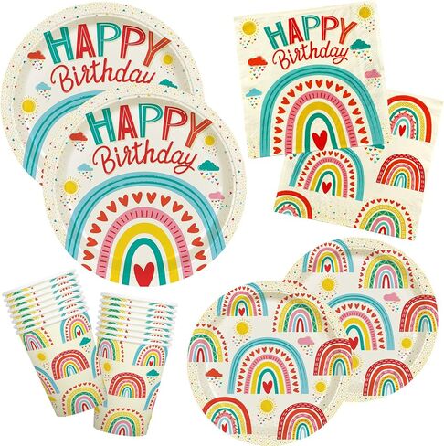 Retro Rainbow Themed Happy Birthday Party Supplies Set - Vibrant Disposable Paper Plates, Cups and Napkins - Fun & Colorful Design for Boys/Girls - For 16 Guests in Saudi Arabia