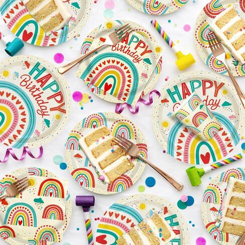Retro Rainbow Themed Happy Birthday Party Supplies Set - Vibrant Disposable Paper Plates, Cups and Napkins - Fun & Colorful Design for Boys/Girls - For 16 Guests in Saudi Arabia