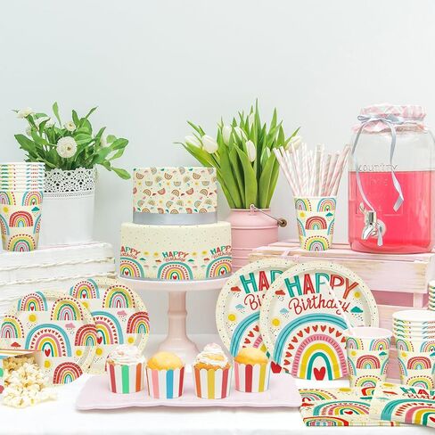 Retro Rainbow Themed Happy Birthday Party Supplies Set - Vibrant Disposable Paper Plates, Cups and Napkins - Fun & Colorful Design for Boys/Girls - For 16 Guests in Saudi Arabia
