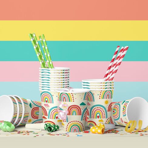 Retro Rainbow Themed Happy Birthday Party Supplies Set - Vibrant Disposable Paper Plates, Cups and Napkins - Fun & Colorful Design for Boys/Girls - For 16 Guests in Saudi Arabia