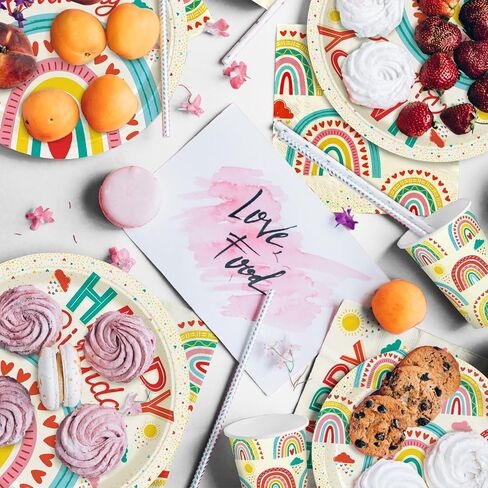 Retro Rainbow Themed Happy Birthday Party Supplies Set - Vibrant Disposable Paper Plates, Cups and Napkins - Fun & Colorful Design for Boys/Girls - For 16 Guests in Saudi Arabia