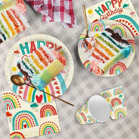 Retro Rainbow Themed Happy Birthday Party Supplies Set - Vibrant Disposable Paper Plates, Cups and Napkins - Fun & Colorful Design for Boys/Girls - For 16 Guests in Saudi Arabia