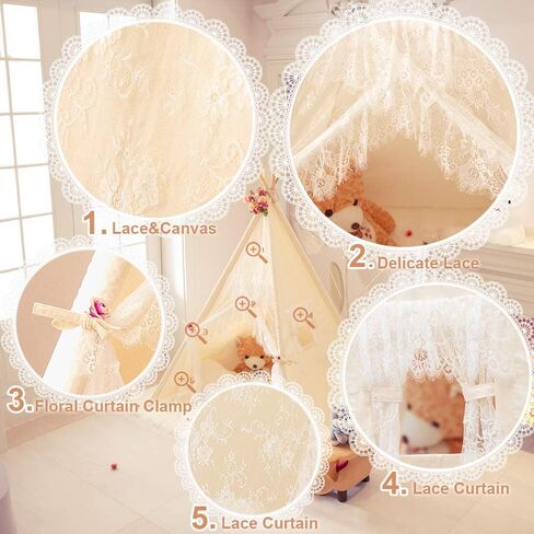 TreeBud Lace Teepee Tent for Girls Tipi Tent Ivory Canvas Classic Play Tent Play House Indoors for Kids Room Décor in Kuwait