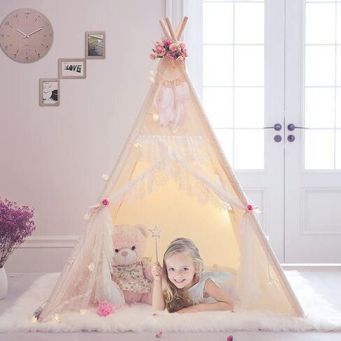 TreeBud Lace Teepee Tent for Girls Tipi Tent Ivory Canvas Classic Play Tent Play House Indoors for Kids Room Décor in Kuwait