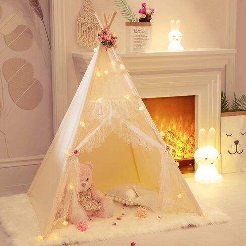 TreeBud Lace Teepee Tent for Girls Tipi Tent Ivory Canvas Classic Play Tent Play House Indoors for Kids Room Décor in Kuwait