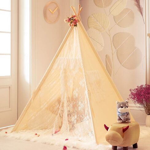 TreeBud Lace Teepee Tent for Girls Tipi Tent Ivory Canvas Classic Play Tent Play House Indoors for Kids Room Décor in Kuwait
