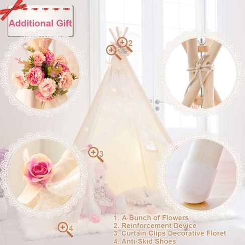 TreeBud Lace Teepee Tent for Girls Tipi Tent Ivory Canvas Classic Play Tent Play House Indoors for Kids Room Décor in Kuwait