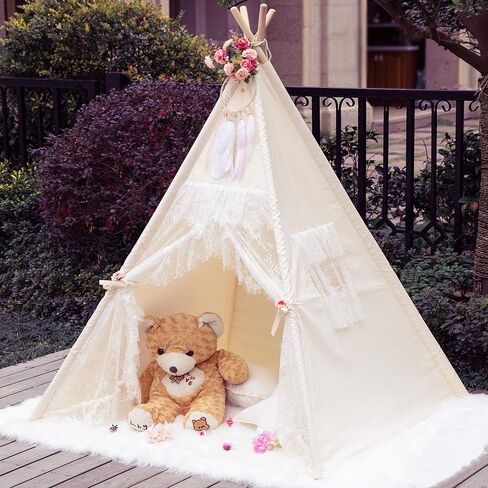TreeBud Lace Teepee Tent for Girls Tipi Tent Ivory Canvas Classic Play Tent Play House Indoors for Kids Room Décor in Kuwait