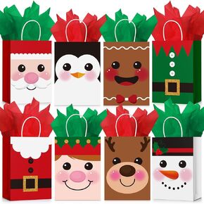24 Pcs Christmas Gift Bags with Tissue Paper, Merry Christmas Xmas Kraft Paper Goodie Bags with Handles Bulk for Christmas Gift Wrapping Holiday Party Supplies (Cute, Small)