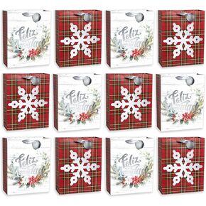 Sheffield Home Pack of 12 Holiday Christmas Xmas Party Favor Feliz Theme Present Bags with Ribbon Handle and Tags (12 Large 12" x 15" x 5")