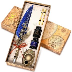NC Feather Calligraphy Pen Set, Including 2 Bottles of Ink and 4 Replaceable Nibs, 1 Mechanical Quill Pen, 1 Pen Holder, Calligraphy Pen for Writing, Writing Letters, Signing Invitations Etc(Blue)