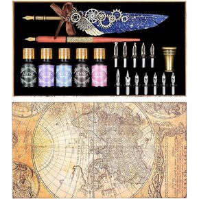 Feather Calligraphy Pen Ink Set, Quill Pen and Ink Set Including Mechanical Feather Pen and Wooden Dip Pen, 5 Colors of Ink, 12 Replacement Nibs, Pen Holder, Envelope and Letter Paper (Green)