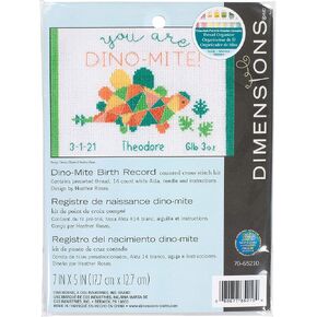 Dimensions 70-65210 Dino-Mite Baby Birth Record Counted Cross Stitch Kit, 14 White Aida, 7'' x 5' in Kuwait