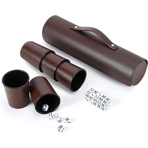 Party Games Leather Dice Cup Set, 5 Black Leather Dice Cups + 25 Dice + Exclusive Storage and Transport Case Made of Faux Leather with Magnetic Closure